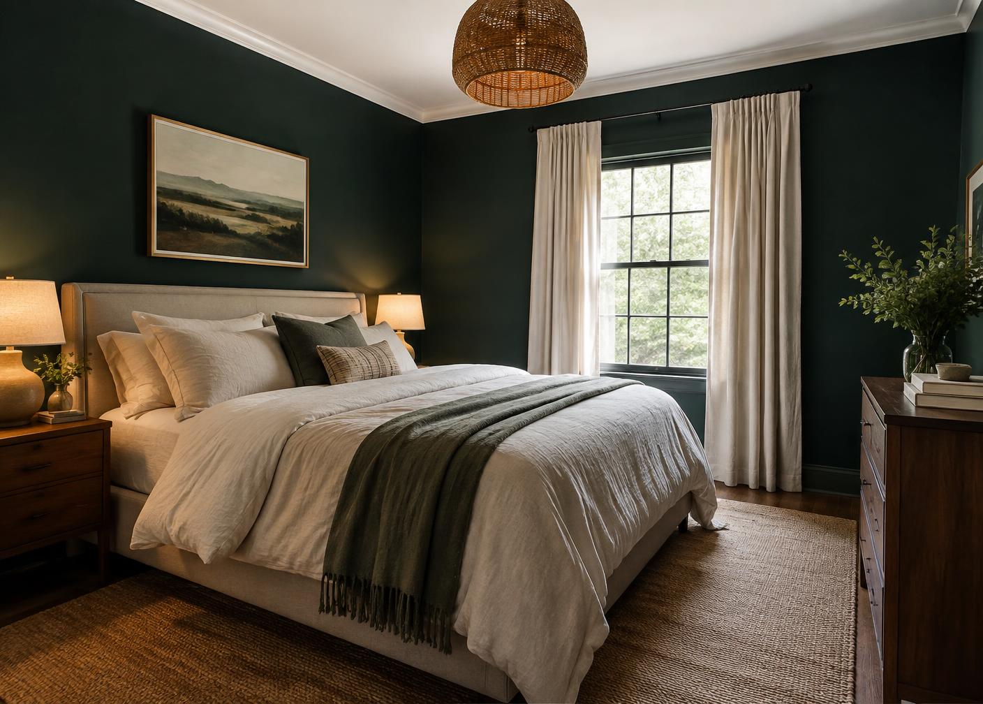 Bedroom painted deep green with white ceiling