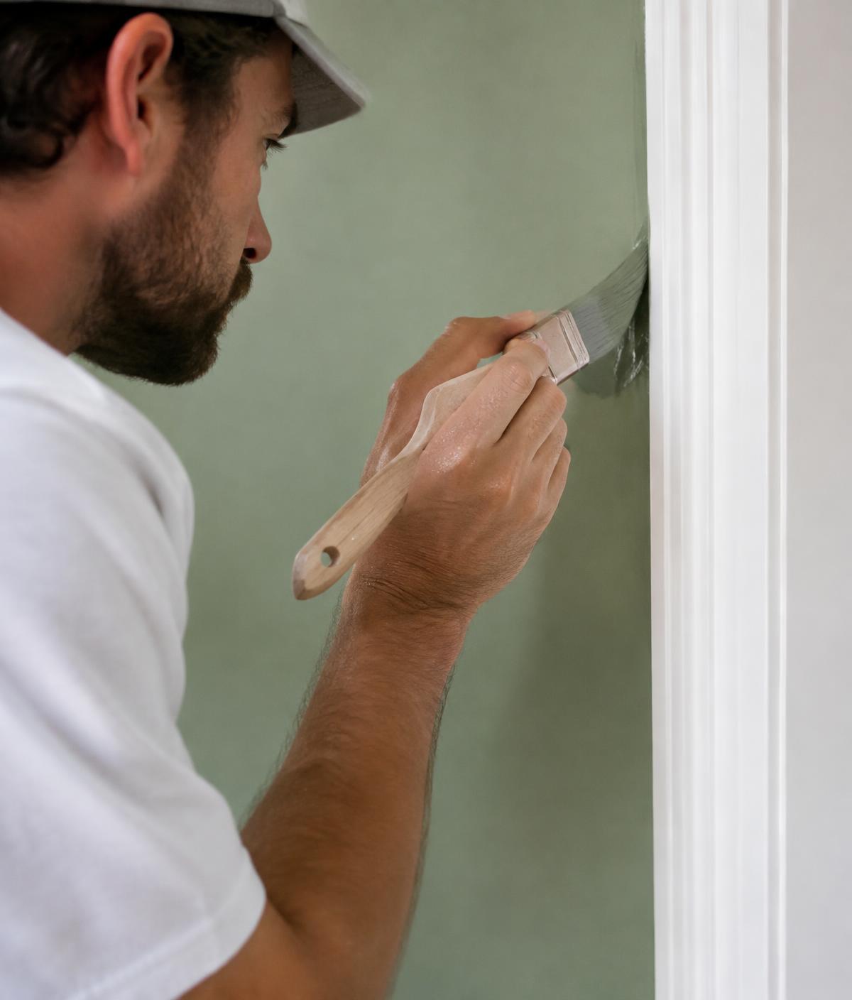 Painter cutting a clean line along white trim